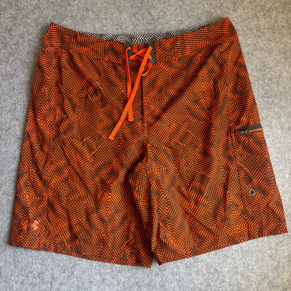 Under Armour Mens 40 Board Shorts Orange Brown Geometric Swim Trunks Pocket UA